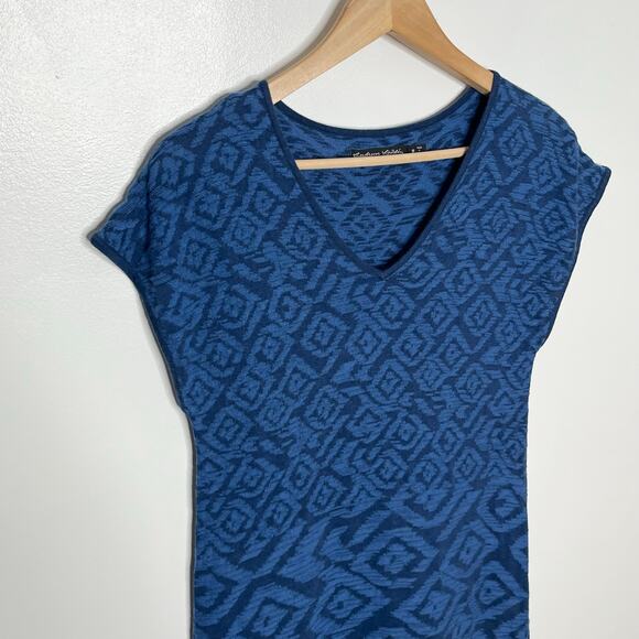 Gudrun Sjoden Womens Cap Sleeve Knit Midi Dress Small Blue Geometric V Neck - Picture 3 of 9